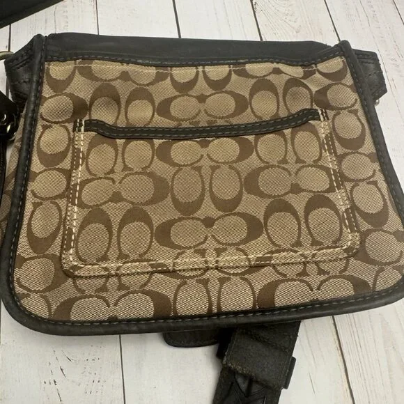 Coach Black Leather Bleeker Beige Canvas C’s Flap Shoulder Bag 11434 10” PROJECT - Picture 5 of 8